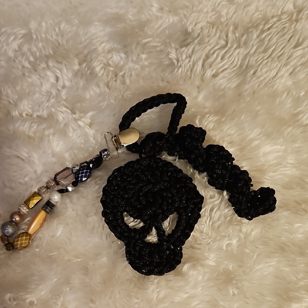 Handmade Crochet applique Black Skull Keychain with Beaded Strap tie-up Style